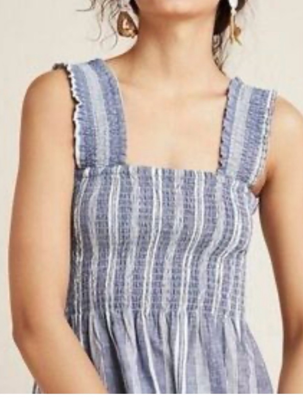 Anthropologie Blue and White Striped Smocked Tank